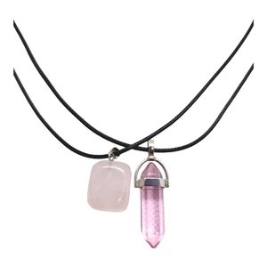 Set Of 2 Gemstones Black Leather Necklace 18"